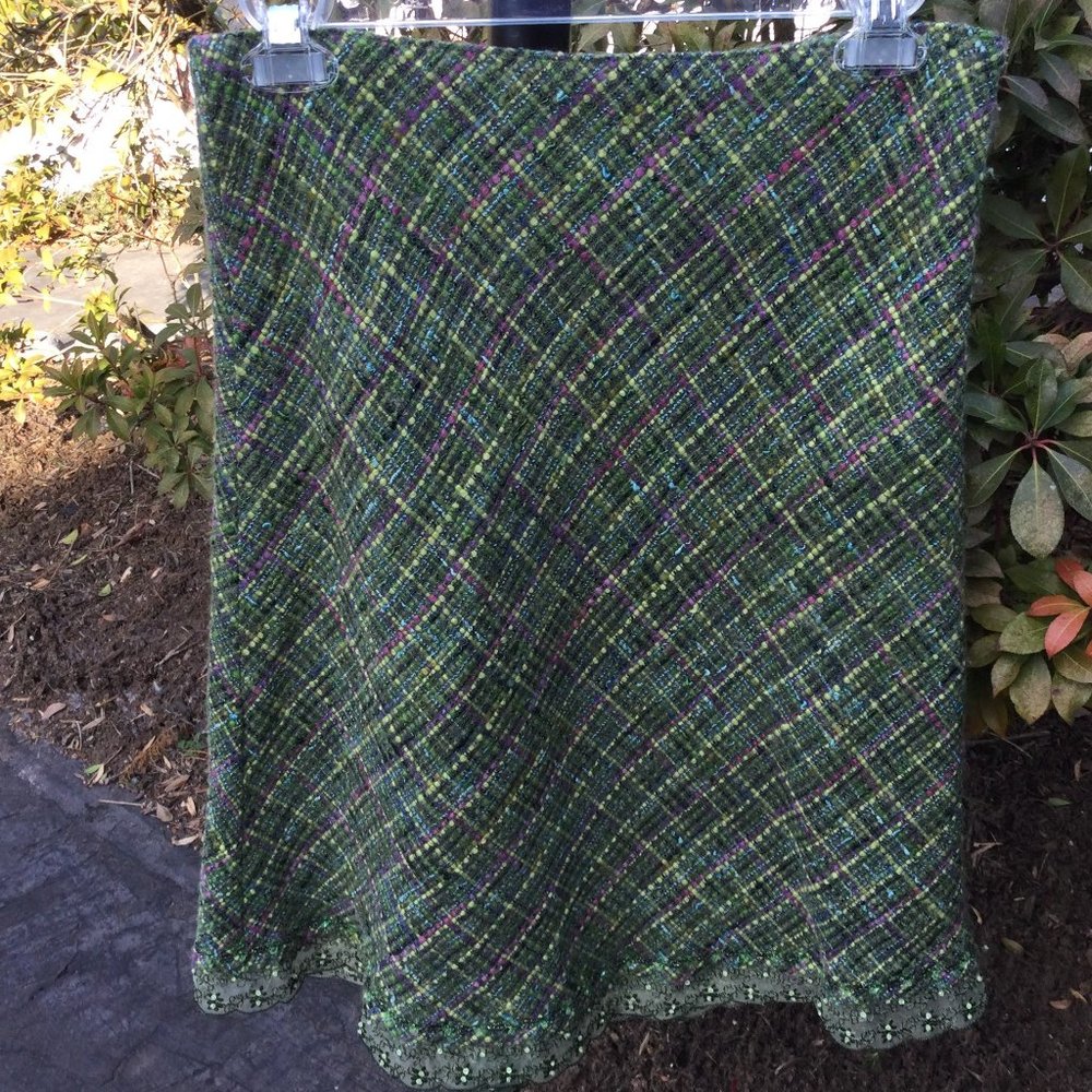 Express Green Lace Sequin Trim Plaid A-Line Skirt